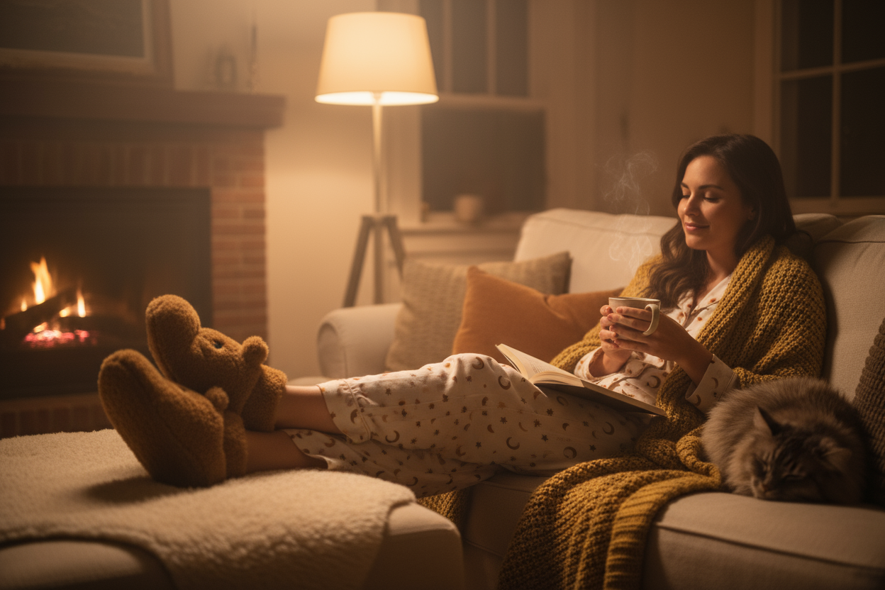 women with pajamas and bear slippers on being cozy